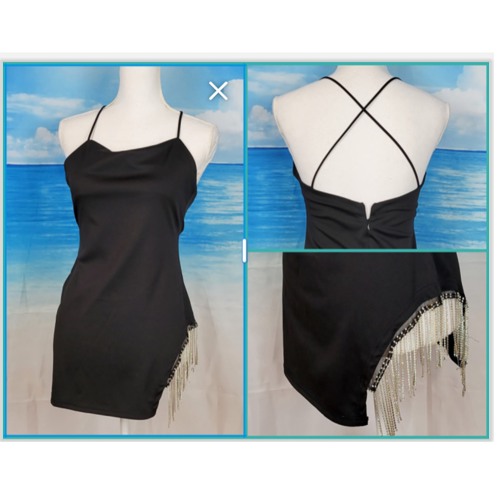 Woman's BLACK SEXY Club Party Dress Faux DIAMOND FRINGE Back Zip STRETCH size Sm